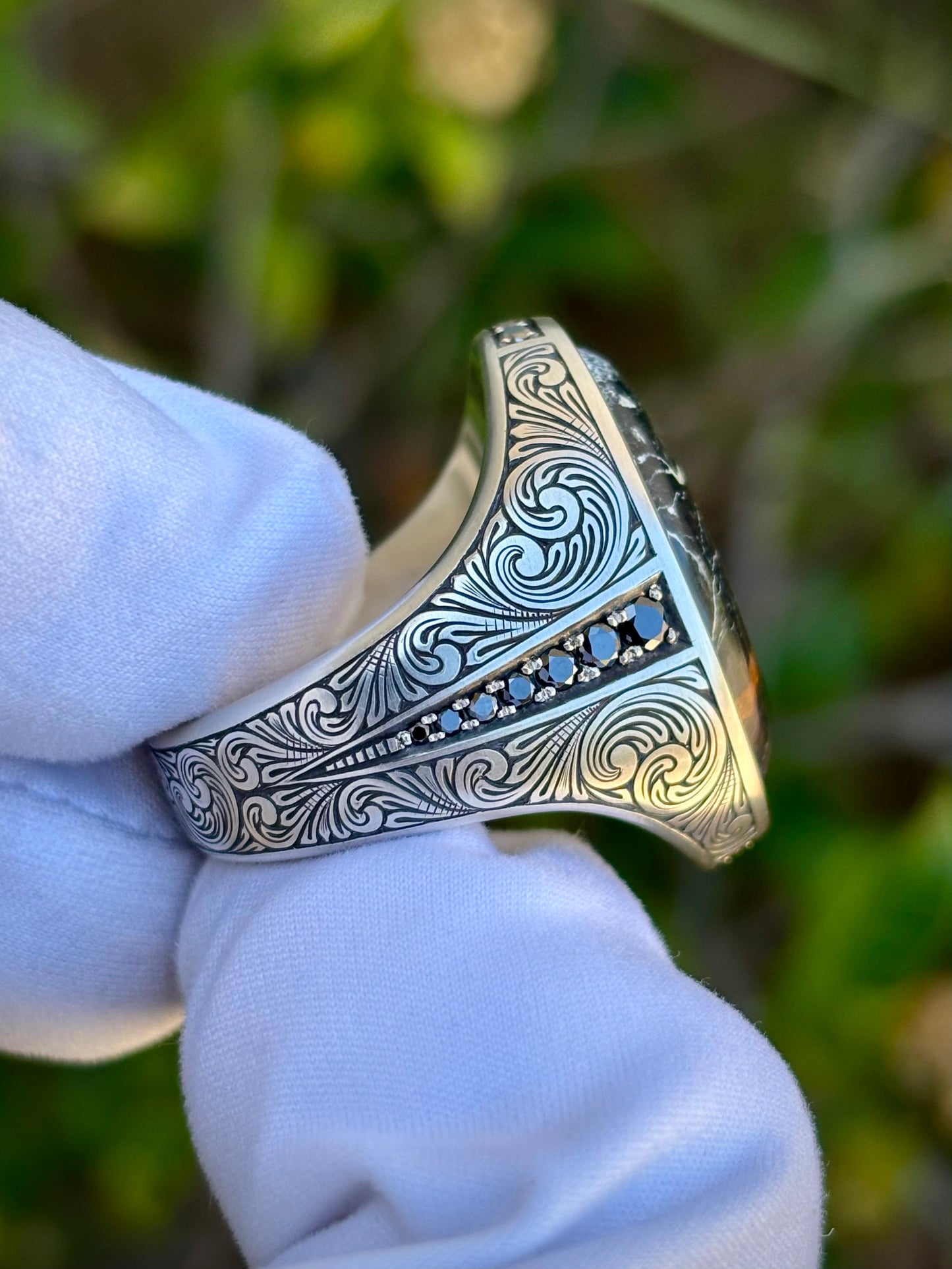 White Buffalo Hand Engraved Ring