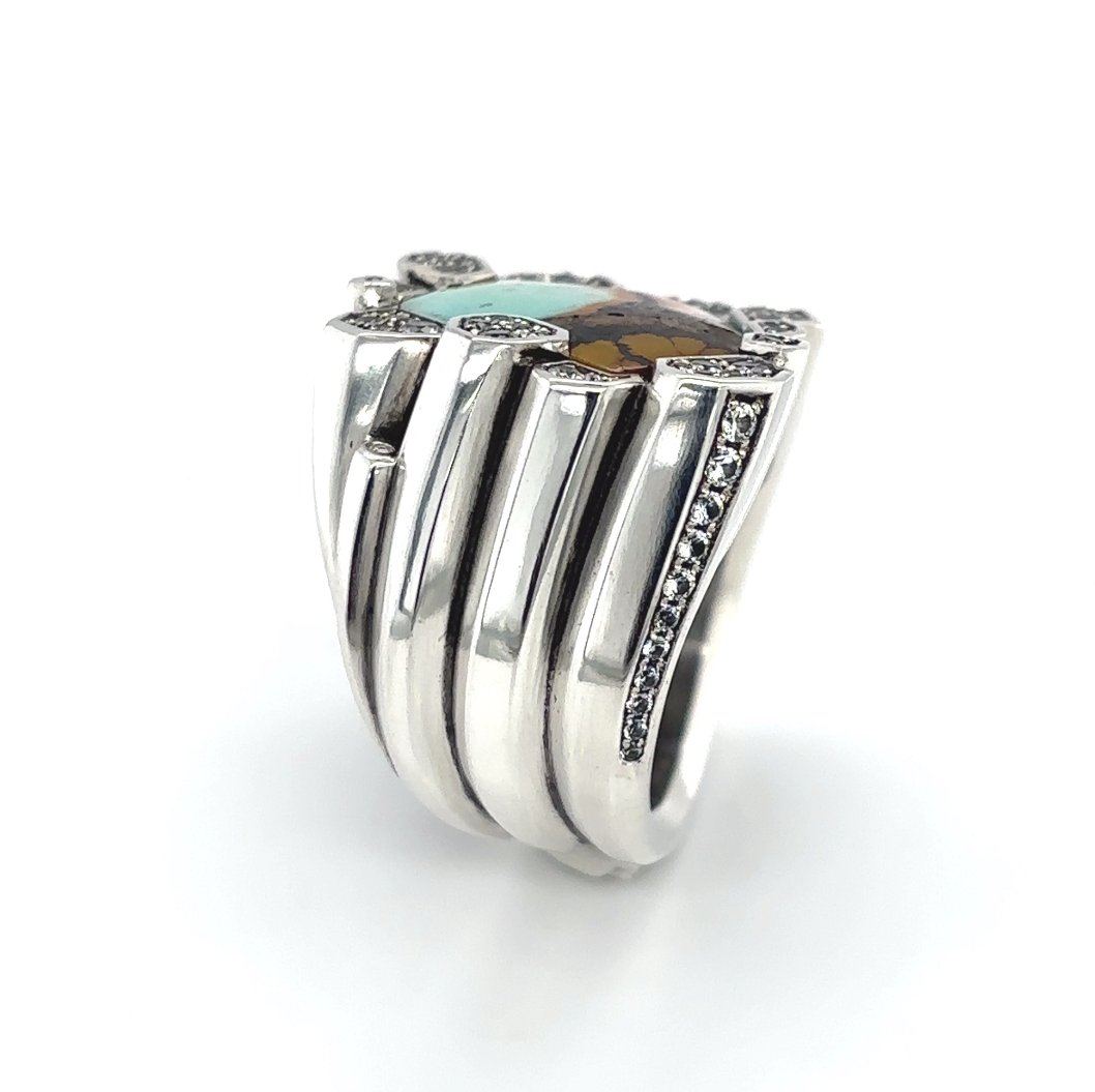 Turquoise Sapphire Basalt Tower Ring