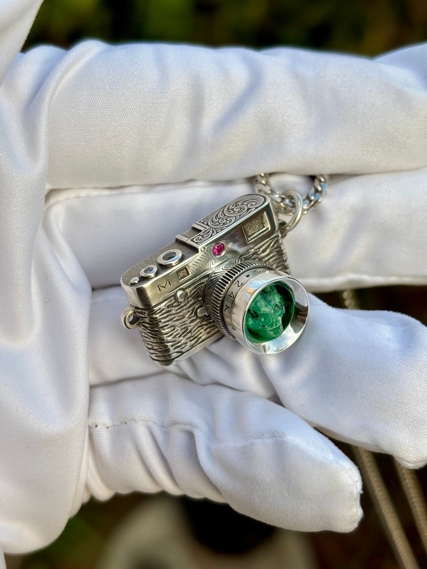 Leica Camera Chrysoprase Skull Necklace