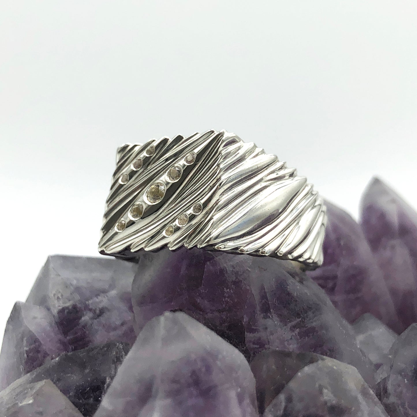 Flow Square Signet Ring with White Sapphires - Size 9.5