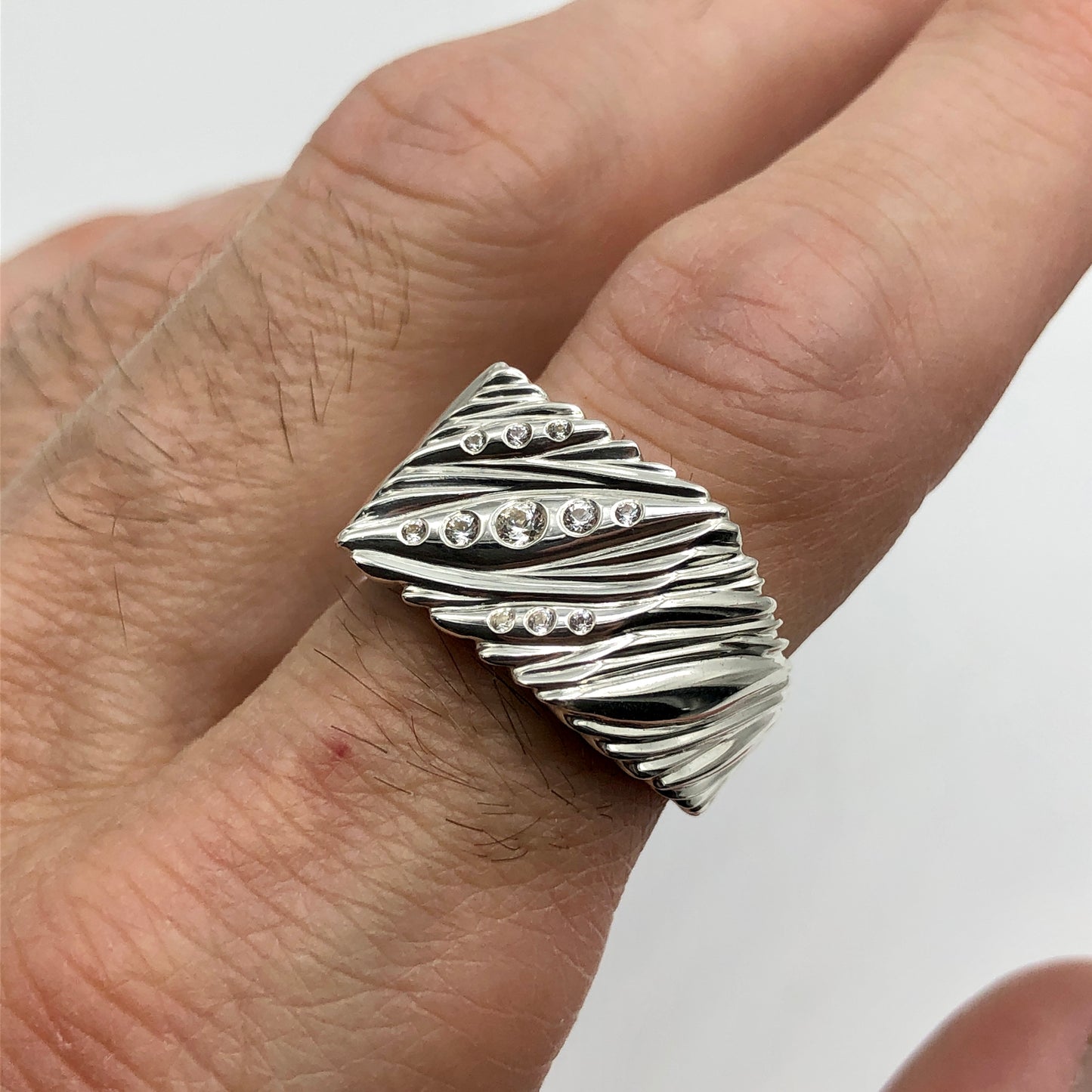 Flow Square Signet Ring with White Sapphires - Size 9.5