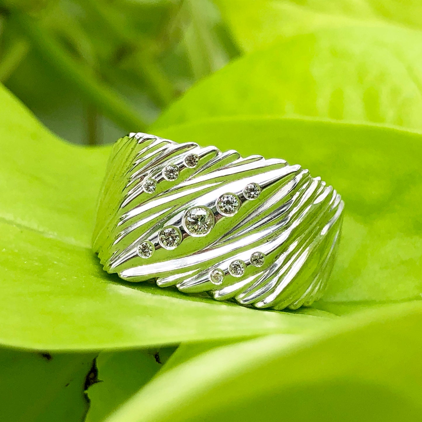 Flow Square Signet Ring with White Sapphires - Size 9.5