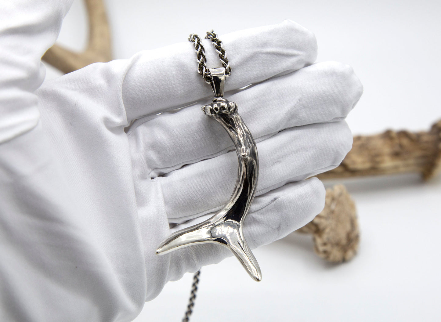 Large Deer Antler Sterling Silver Necklace