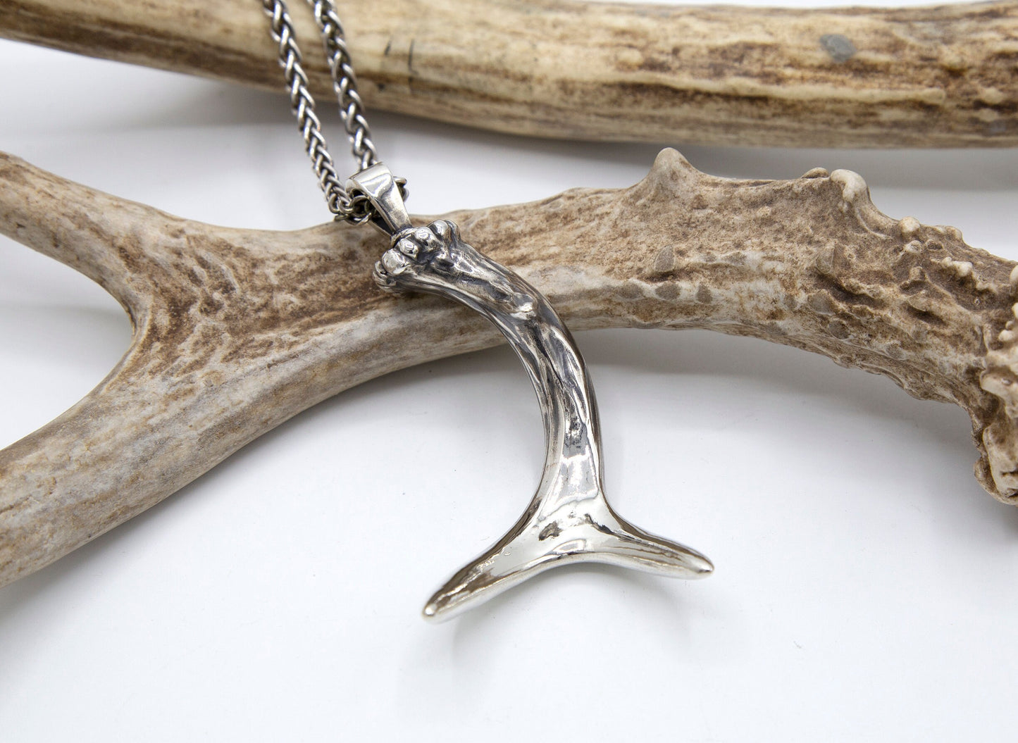 Large Deer Antler Sterling Silver Necklace
