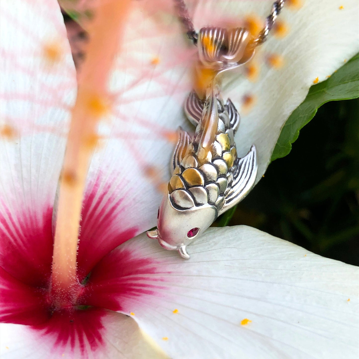 Dragon's Gate Koi Fish Necklace with Gold Scales and Ruby Eyes