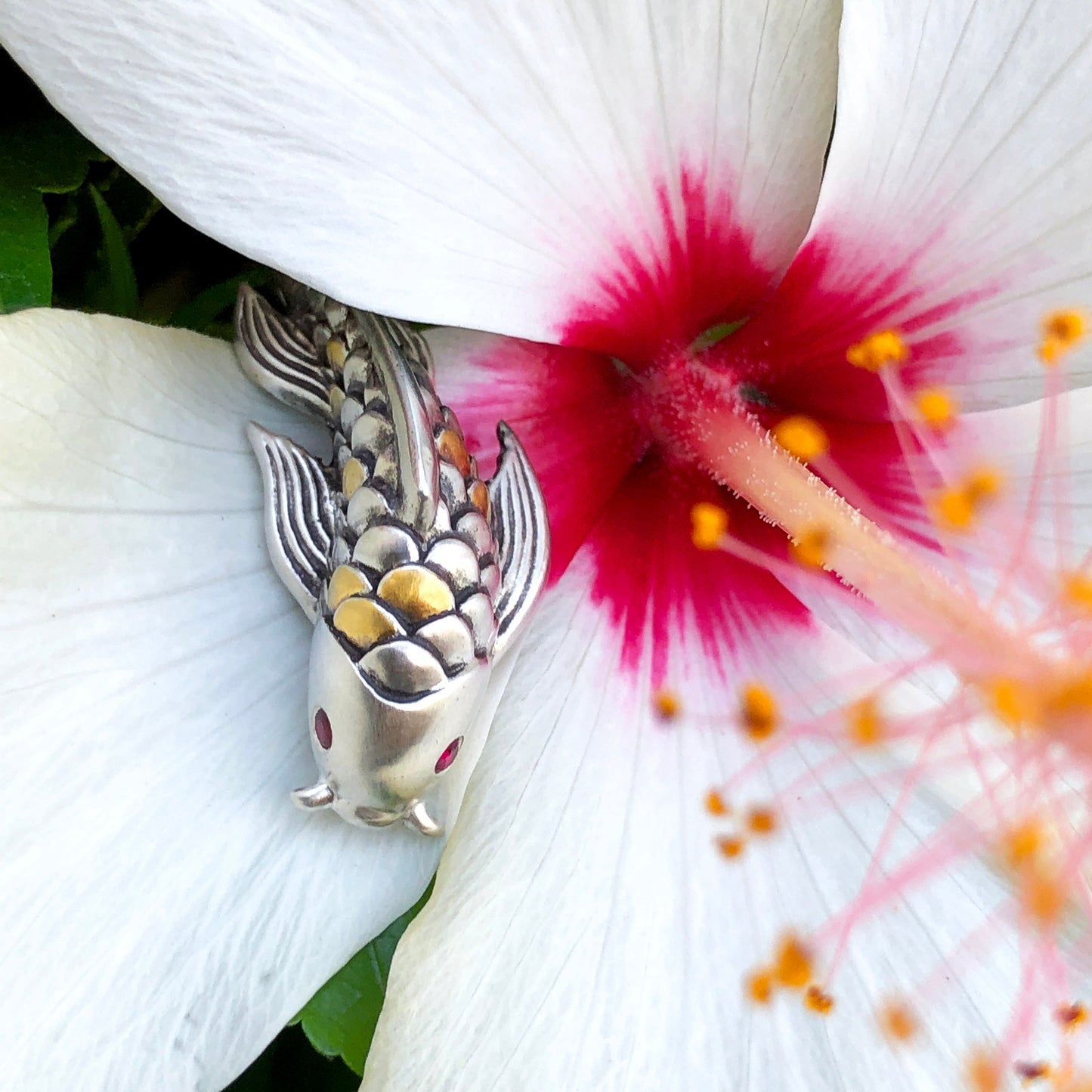 Dragon's Gate Koi Fish Necklace with Gold Scales and Ruby Eyes