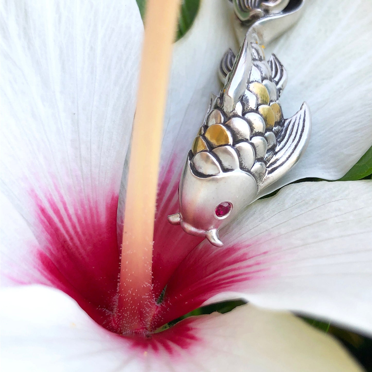 Dragon's Gate Koi Fish Necklace with Gold Scales and Ruby Eyes