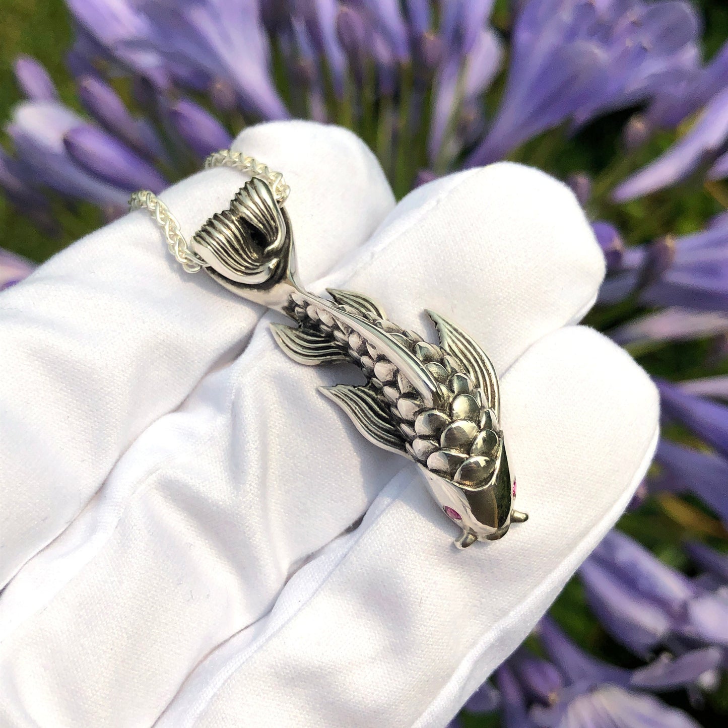 Dragon's Gate Sterling Silver Koi Necklace with AAA Pink Sapphires