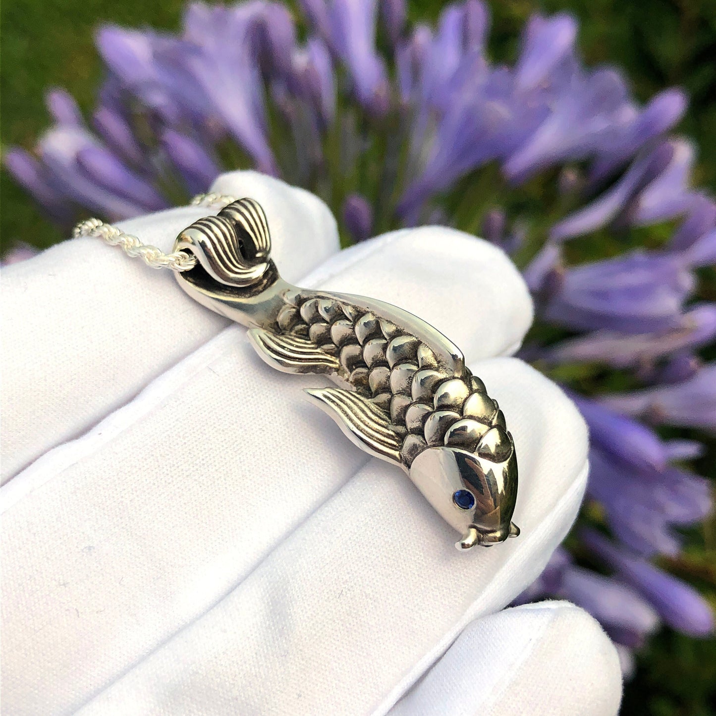 Blue Sapphire Dragon's Gate Koi Fish Necklace