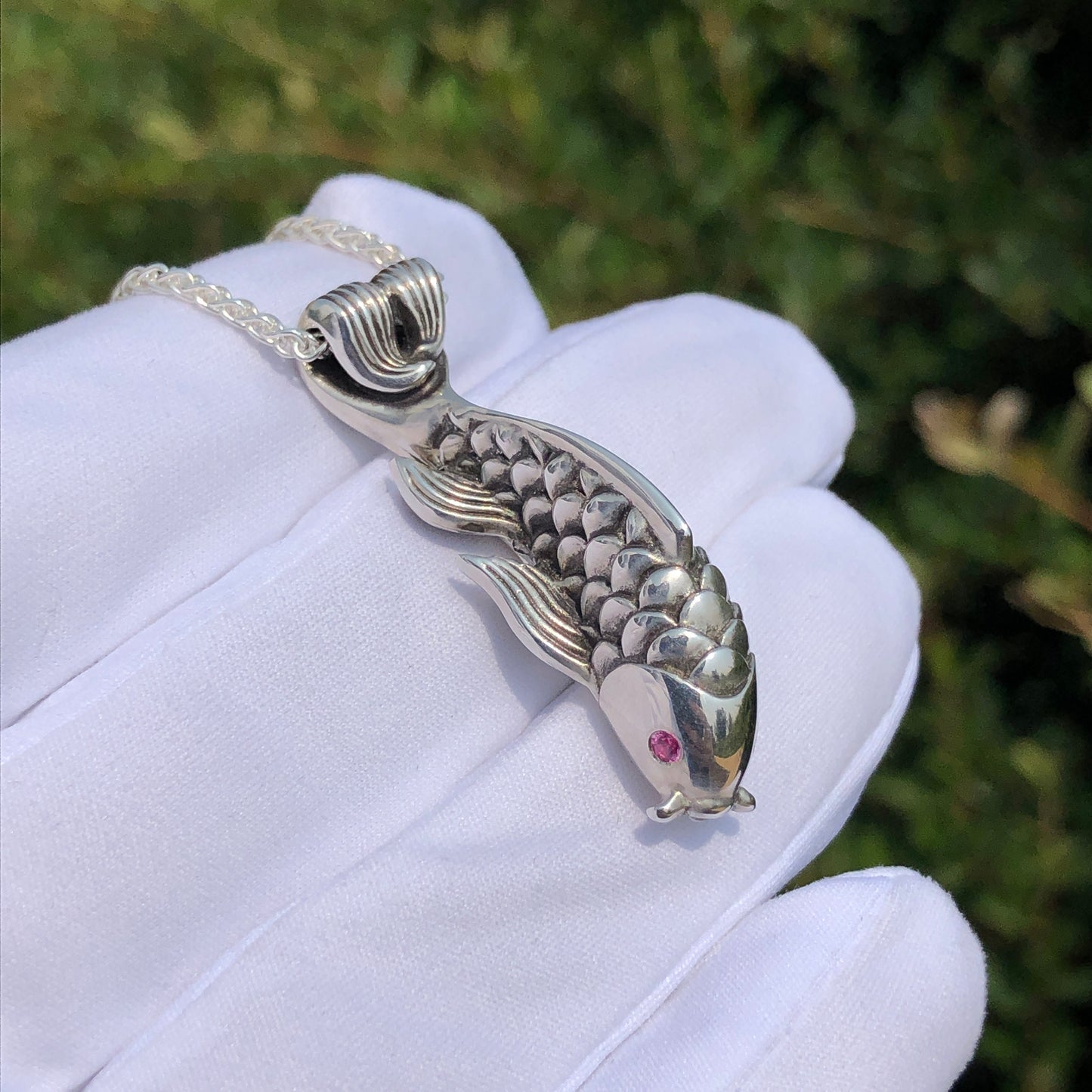 Dragon's Gate Sterling Silver Koi Necklace with AAA Pink Sapphires