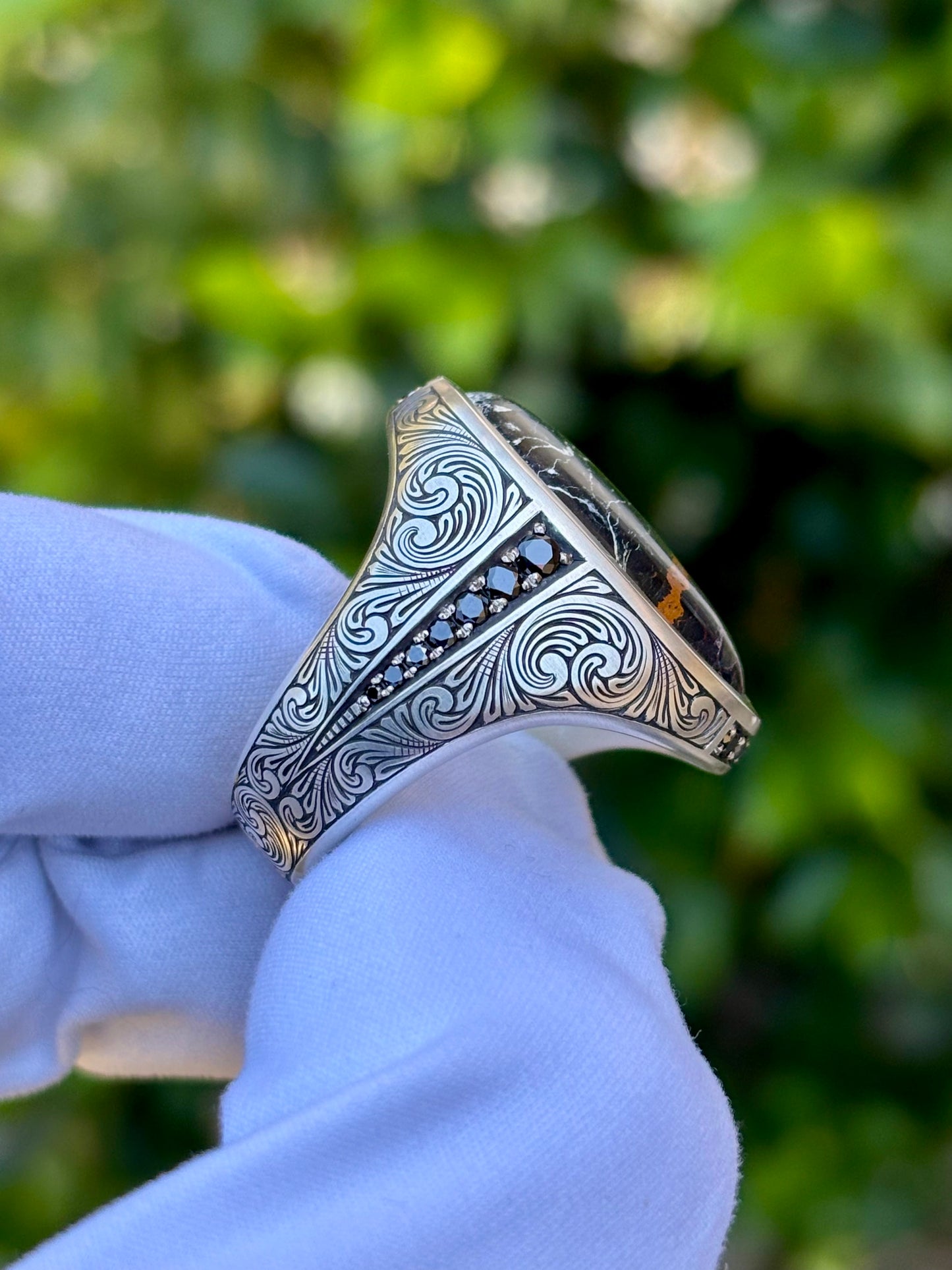 White Buffalo Hand Engraved Ring
