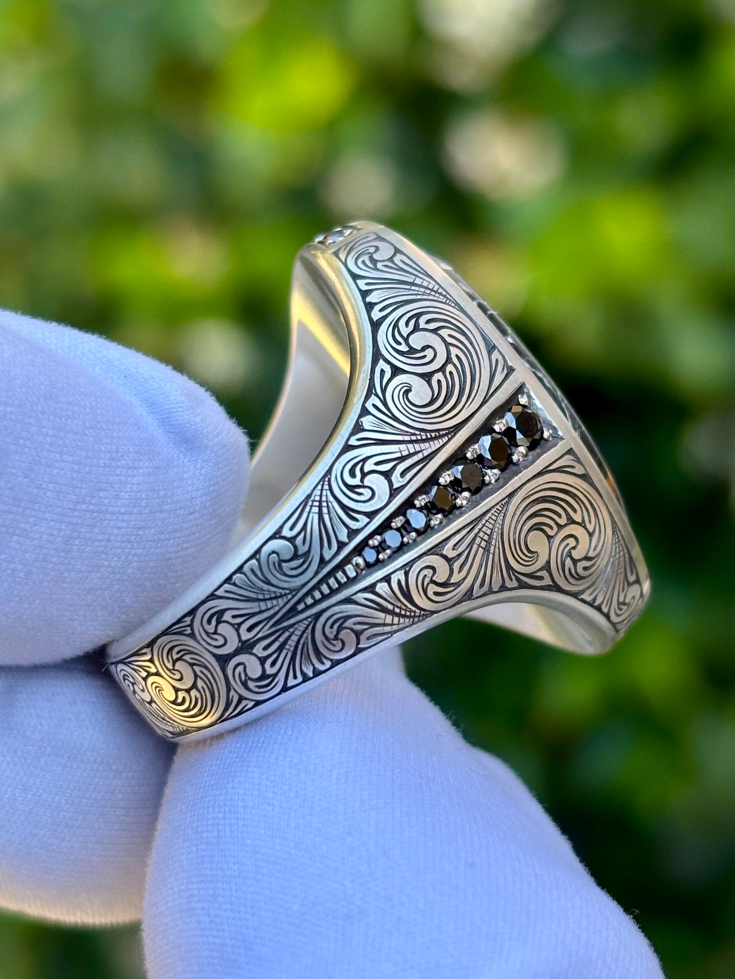 White Buffalo Hand Engraved Ring