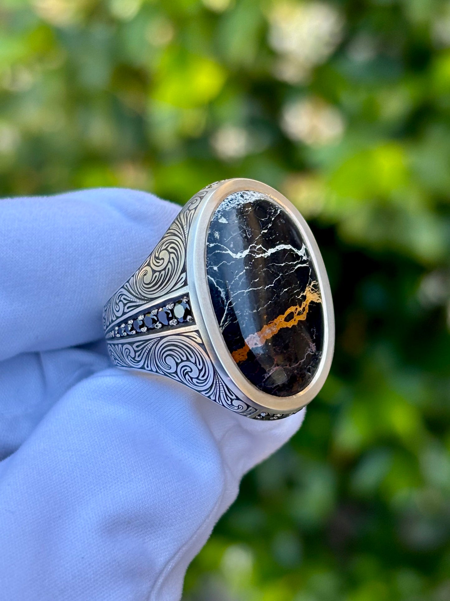 White Buffalo Hand Engraved Ring