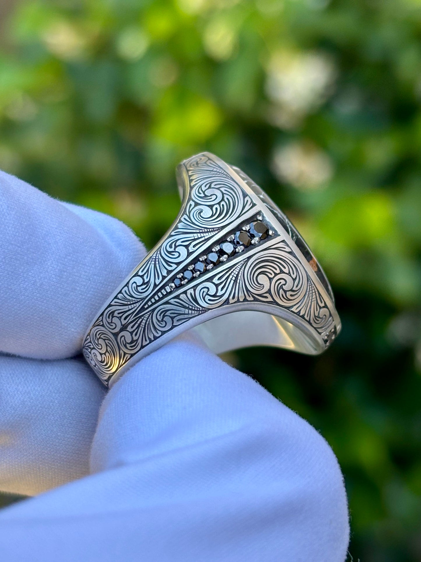 White Buffalo Hand Engraved Ring