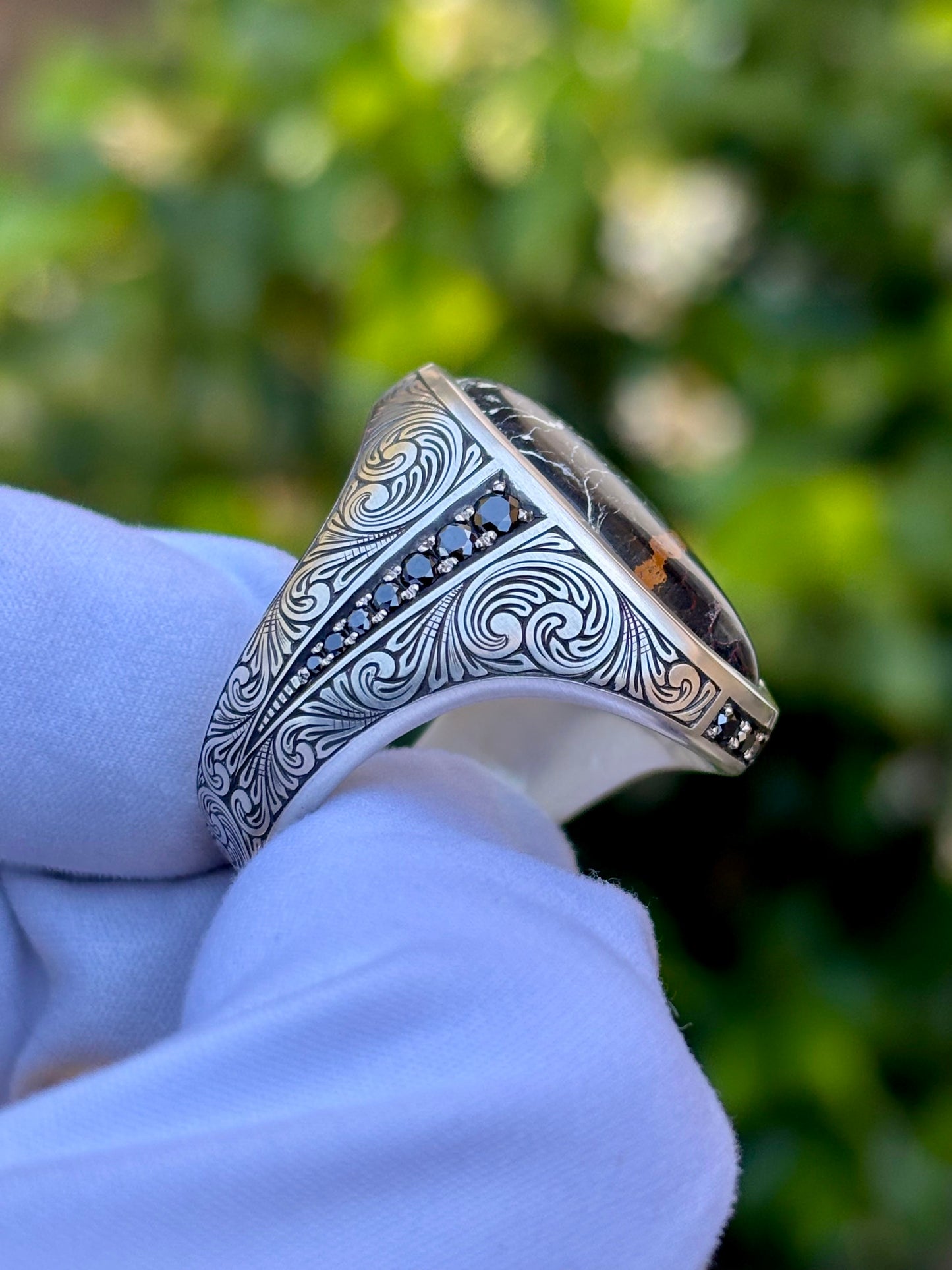 White Buffalo Hand Engraved Ring