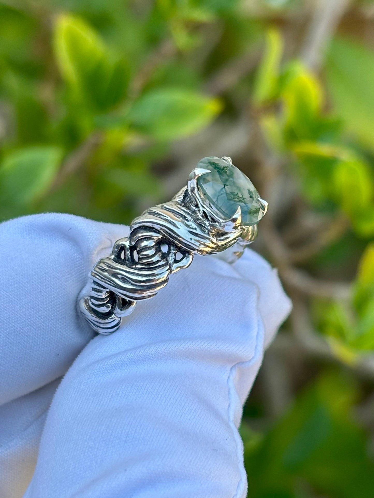 Moss Agate Juniper Ring