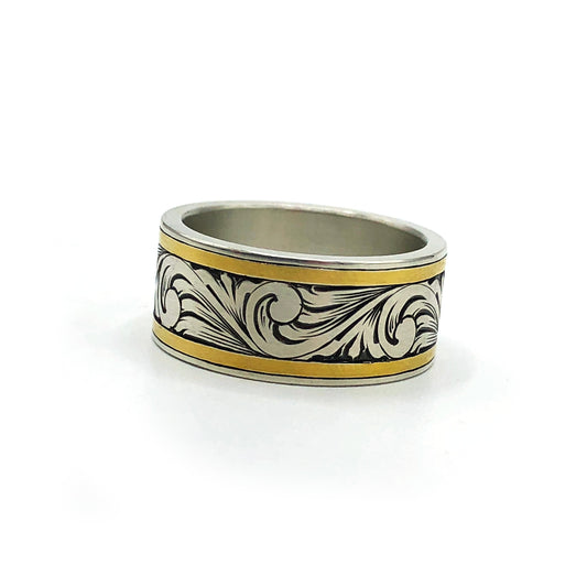 Classic Scroll Hand Engraved Ring with Gold Inlay - Size 8