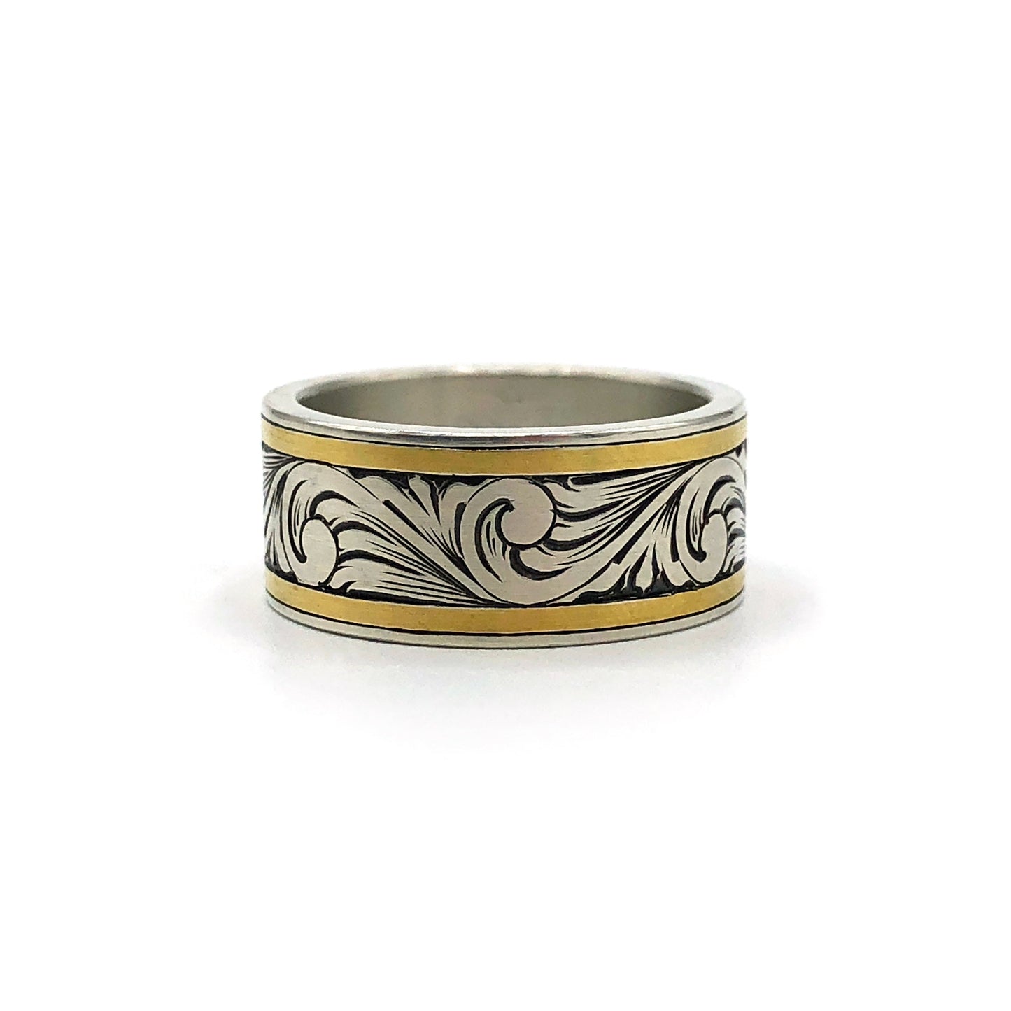 Classic Scroll Hand Engraved Ring with Gold Inlay - Size 8
