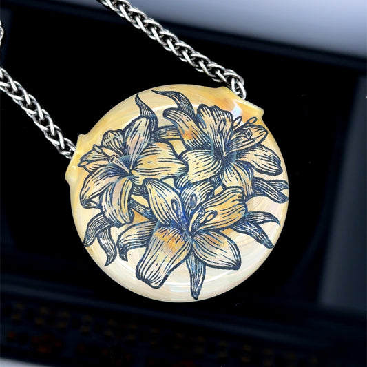 Lilies Hand Etched Glass Pendant
