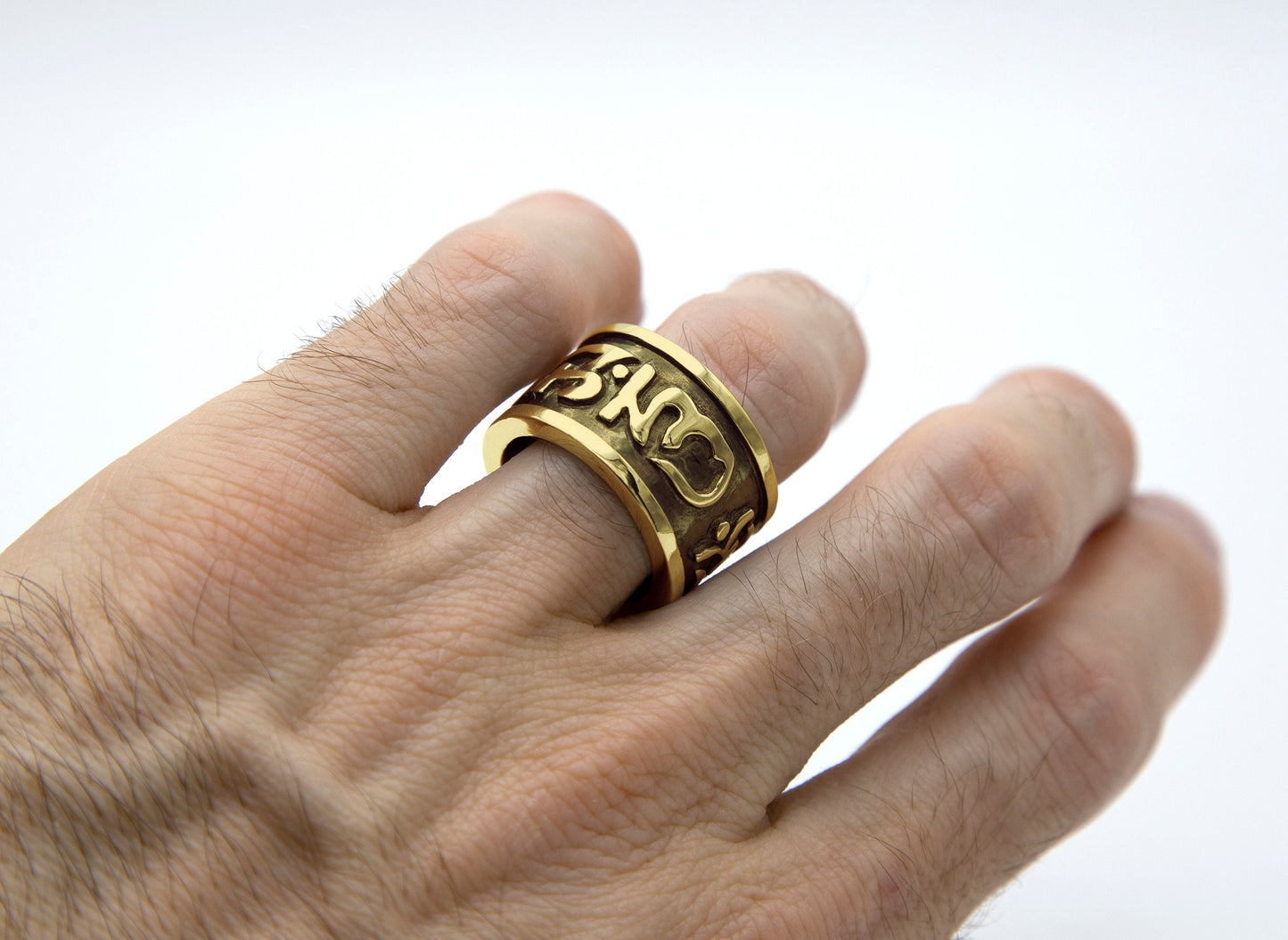 Tibetan Mantra Gold Ring - Size 8