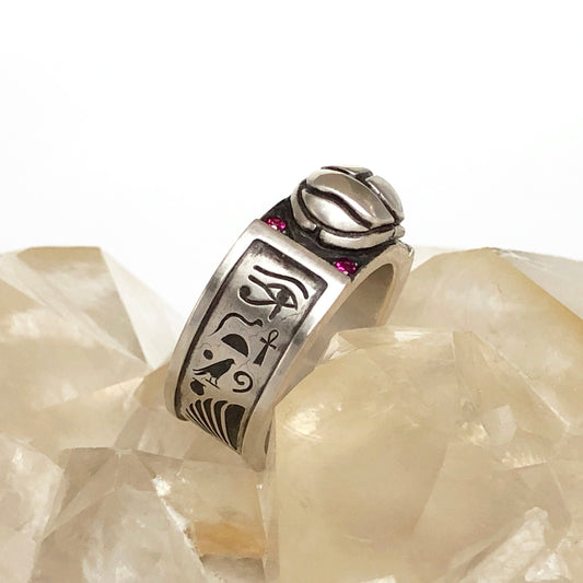 Egyptian Hand Engraved Ring w/ AA Rubies - Size 8