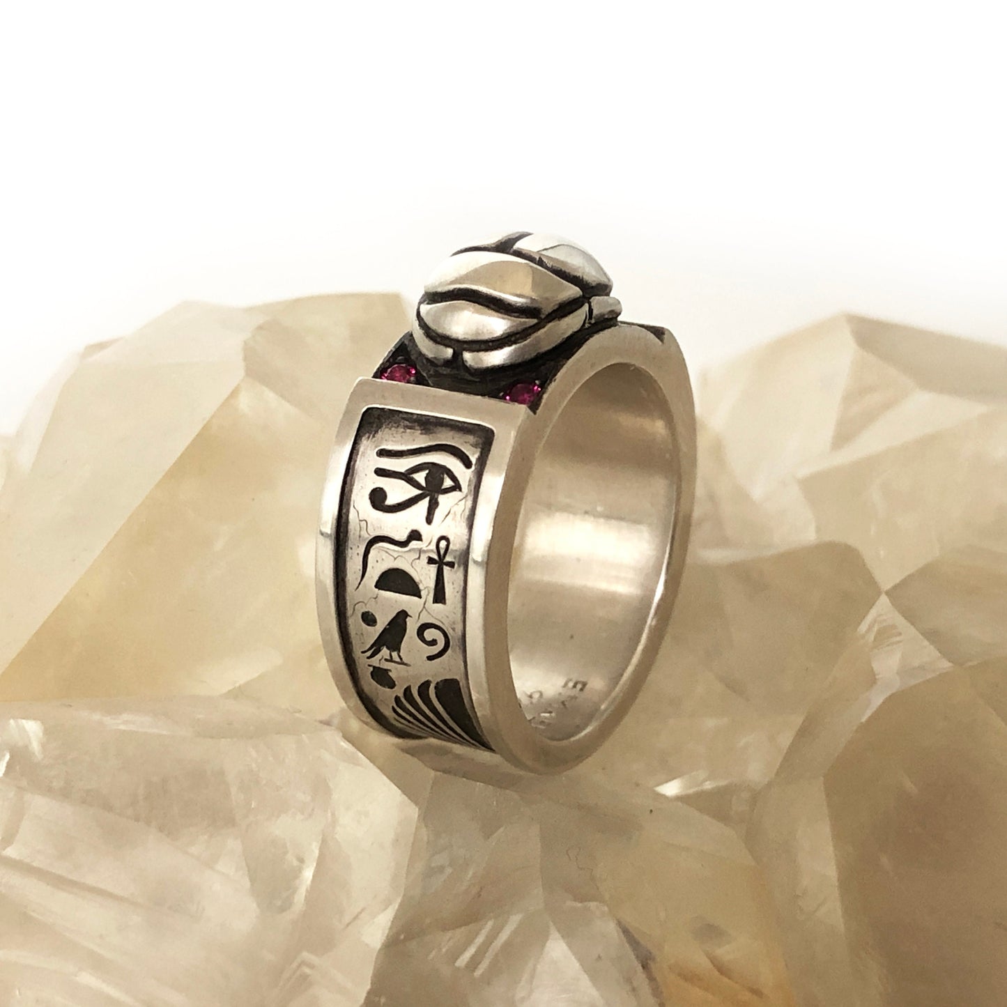 Egyptian Hand Engraved Ring w/ AA Rubies - Size 8