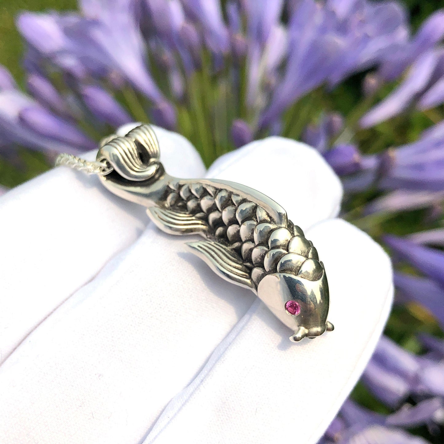 Dragon's Gate Sterling Silver Koi Necklace with AAA Pink Sapphires