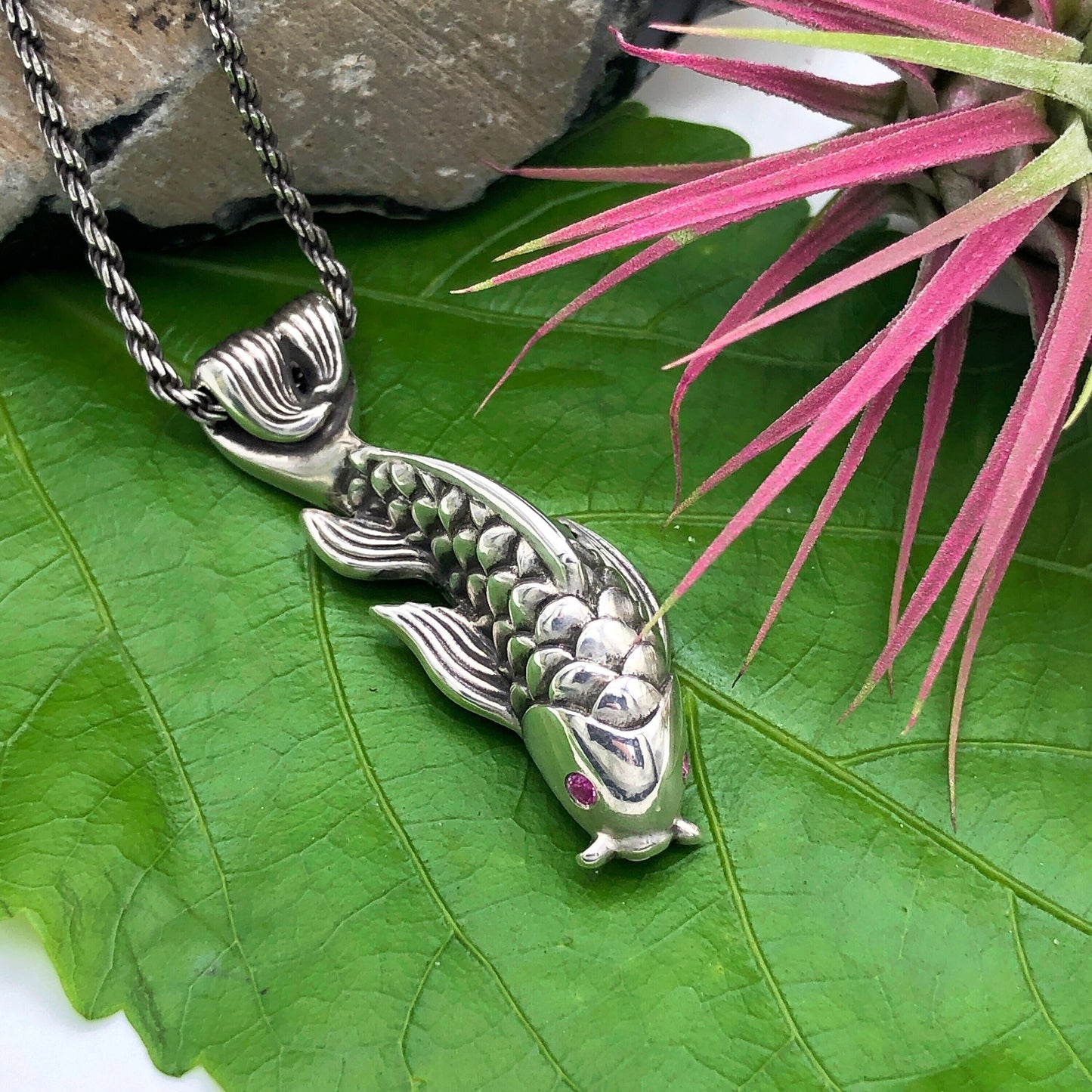Dragon's Gate Sterling Silver Koi Necklace with AAA Pink Sapphires