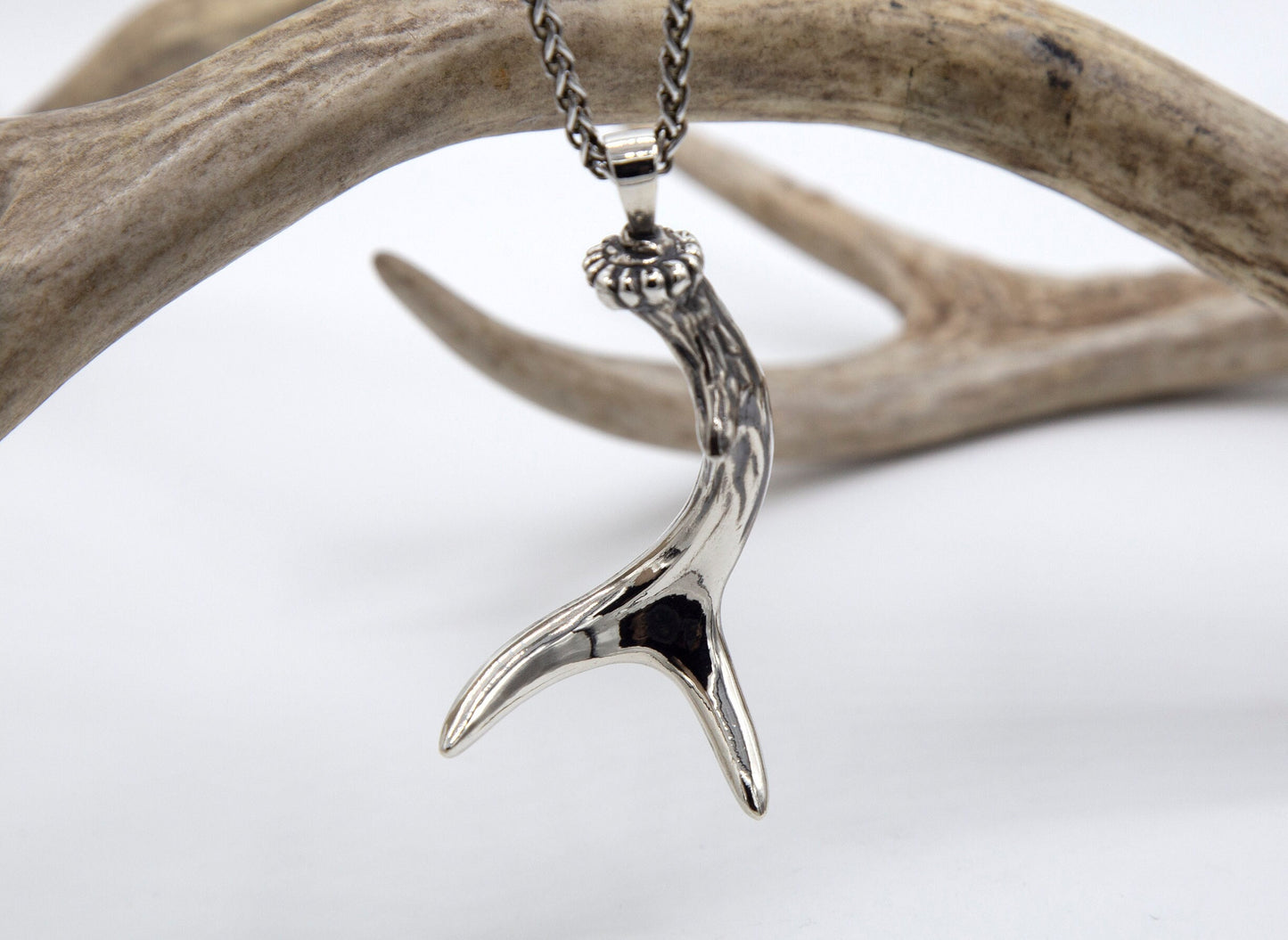 Large Deer Antler Sterling Silver Necklace